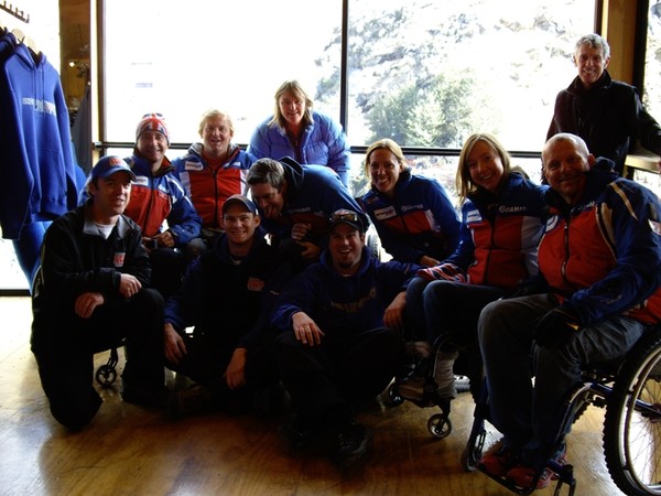 Back row - British Disabled Ski Team � Sean Rose, Tim Farr, Jane Stevens, Talon Skeels-Piggins, Jane Sowerby, Anna Turney, Russ Docker and Ray Sant